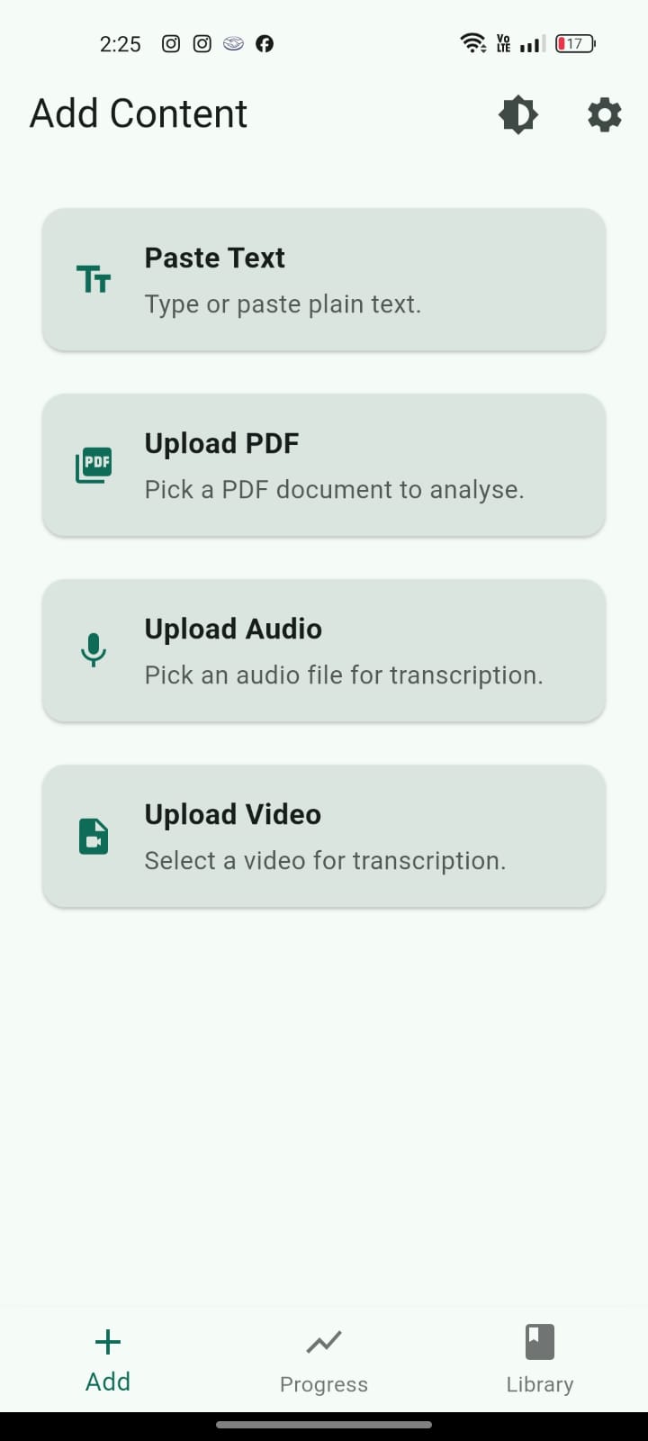 Add Content Screen - Upload and process your study materials